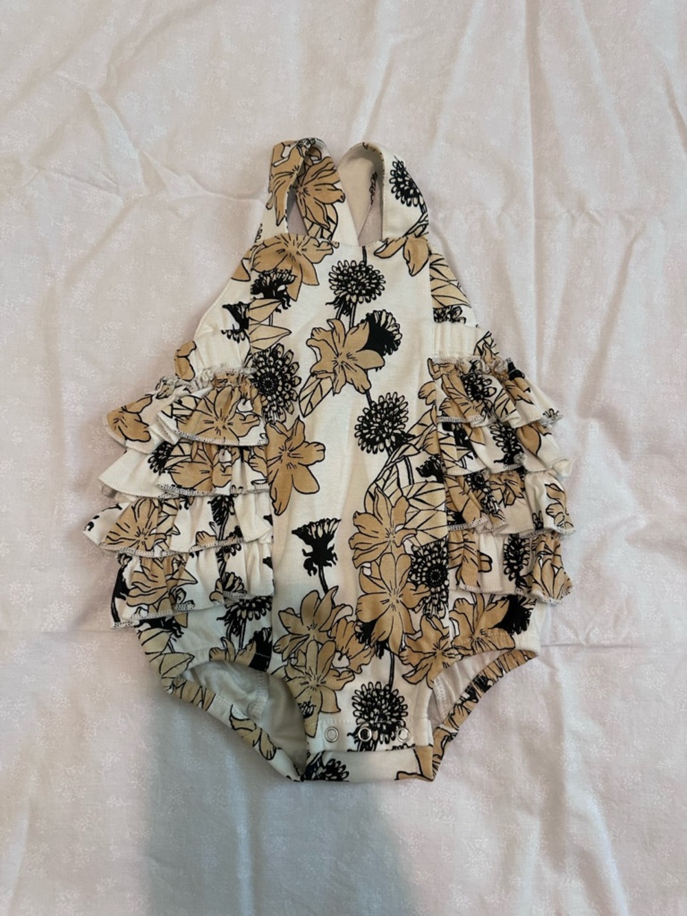 kate quinn Cream Floral Side Ruffle Baby One-Piece with Tan and Black Print